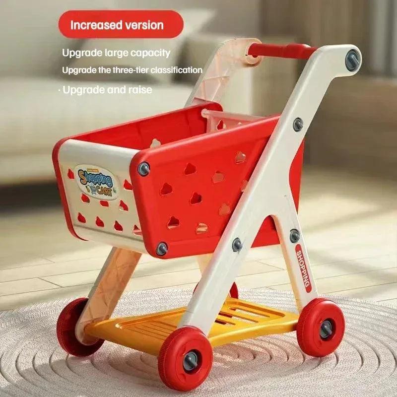 Kids shopping cart toy with red bin, white frame, yellow base, and red wheels