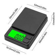 Compact digital scale with dark top and backlit green LCD, side dimensions