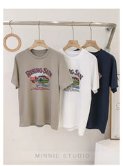 Anti-Aging Cartoon Print ort Sve Women's T-irt Loose Fit Summer Casual round Ne oulder Appropriate Outerwear