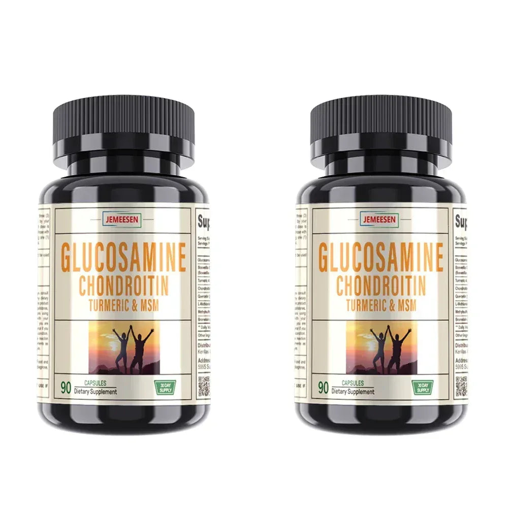 Pair of Glucosamine Chondroitin supplement bottles with black caps