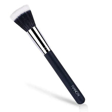 Powder brush with dark handle, silver ferrule, white bristles