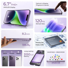 هاتف OUKITEL P1 الذكي فائق النحافة - Android 14 Helio G99 شاشة AMOLED مقاس 6.7 بوصة وتردد 120 هرتز وذاكرة وصول عشوائي (RAM) سعة 8 جيجابايت وذاكرة قراءة فقط (ROM) سعة 256 جيجابايت وكاميرا بدقة 50 ميجابكسل وبطارية 5150 مللي أمبير في الساعة وتقنية NFC