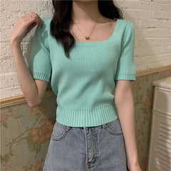 Slim Fit ort Sve Ice Silk Knitted irt Women's Faion Spring Summer Thin Sle Square Collar Princ Sve Top