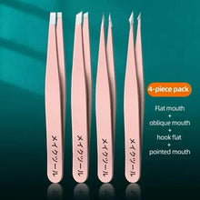 4-piece pink tweezers set with flat, oblique, hook-flat, and pointed tips