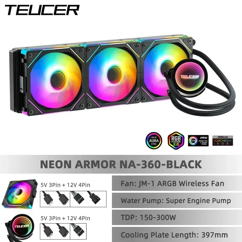 Black AIO liquid CPU cooler with three ARGB radiator fans and RGB pump