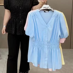 200 Pounds Plus Size Elastic Waist Summer Shirt And Blouse Short Sleeve Solid Top Women's New In Clothes Simple V-neck French