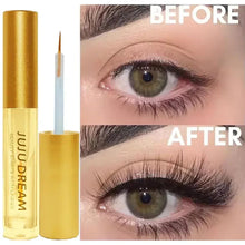 Eyelash enhancer serum bottle next to before-and-after lash photos