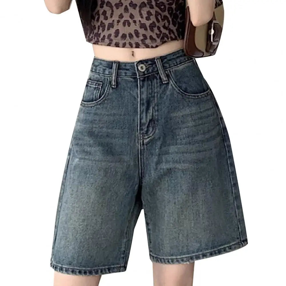 Denim Pants with Side Pockets Vintage High Waist Denim Shorts for Women Wide Leg Streetwear Jeans with Button Closure Zipper