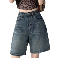 Denim Pants with Side Pockets Vintage High Waist Denim Shorts for Women Wide Leg Streetwear Jeans with Button Closure Zipper