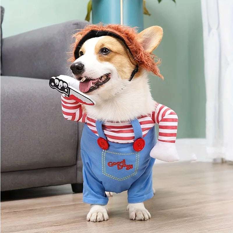 Halloween Pet Dog Clothes Transformed Pet Apparel and Wig for Holiday Party Pet Supplies Funny Bloody Doll With Knife Dog Costum
