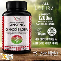 Korean Red Ginseng + Ginkgo Super Energy, Vegetarian Capsules for Energy, Performance and Focus for Men and Women