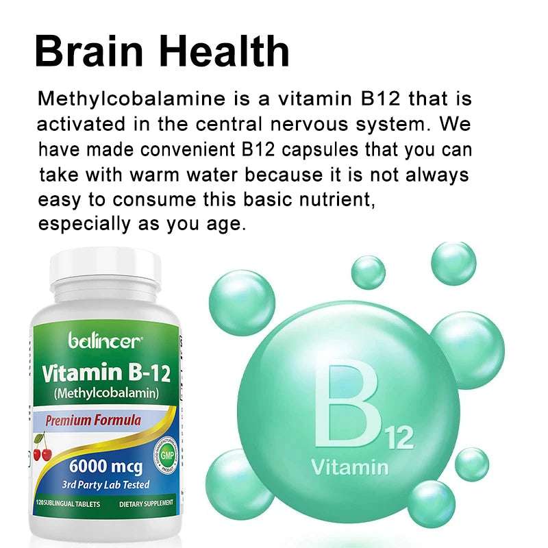 Vitamin B12 6000MG, Methylcobalamin Supplement for Mind, Energy, Brain, Mood, Heart Support, 30/60/120 Capsules