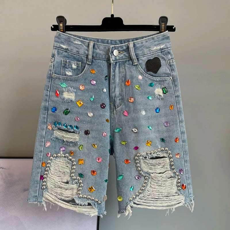 High Waist Loose Fit  Diamond Embellied Denim Five-Point Pants Summer New Sle Women's Trendy Hole Punch Jeans