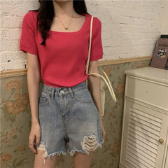 Slim Fit ort Sve Ice Silk Knitted irt Women's Faion Spring Summer Thin Sle Square Collar Princ Sve Top