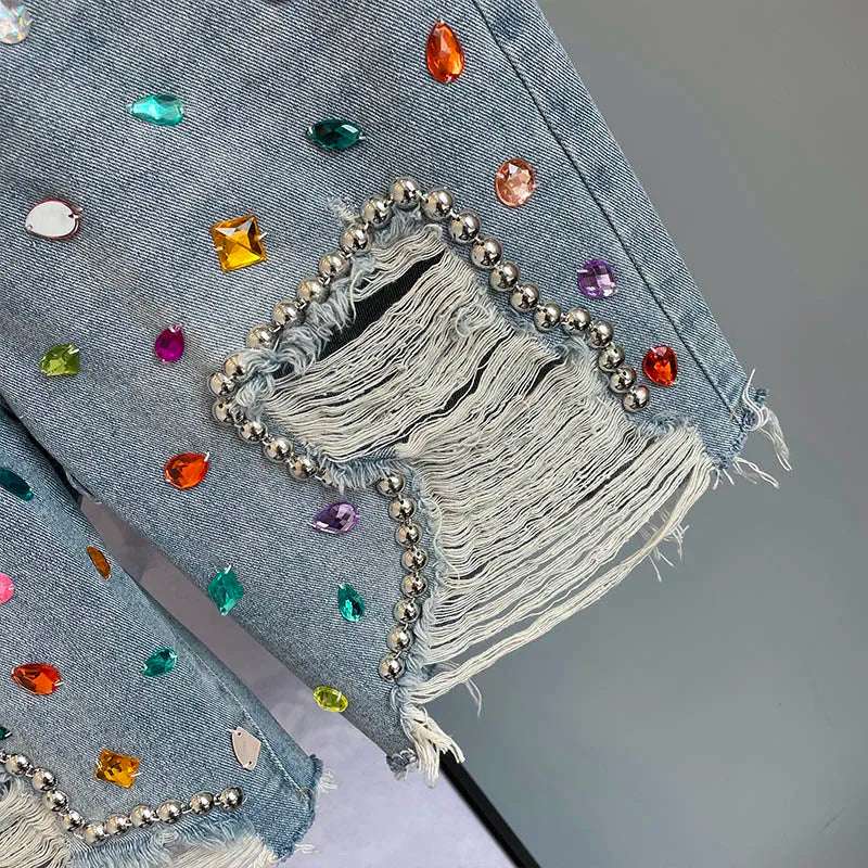 High Waist Loose Fit  Diamond Embellied Denim Five-Point Pants Summer New Sle Women's Trendy Hole Punch Jeans