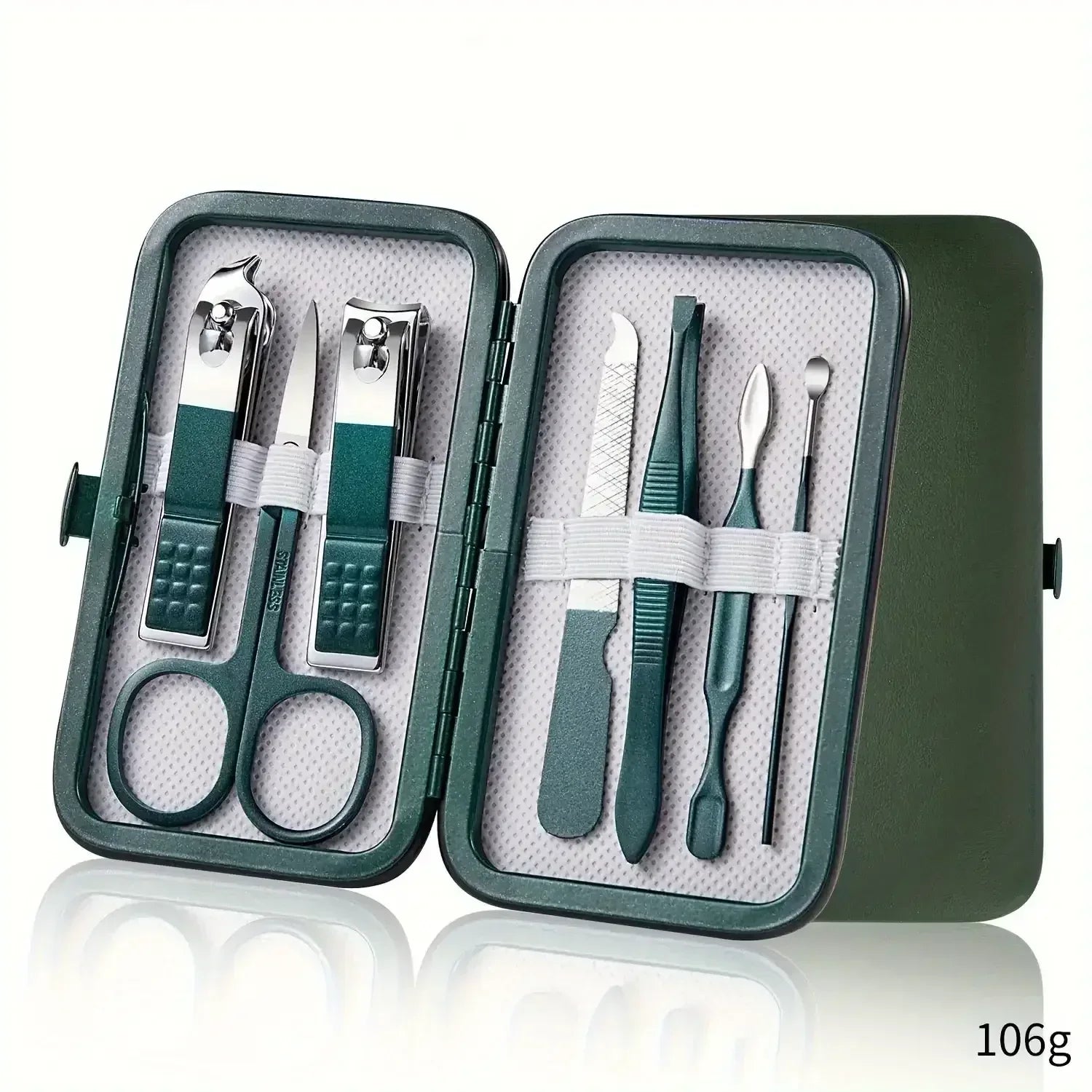 Green nail care kit in zip case with clippers, scissors, nail file and tools