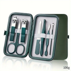 Green nail care kit in zip case with clippers, scissors, nail file and tools