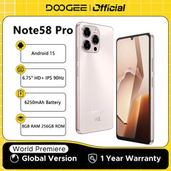 النسخة العالمية من الهاتف الذكي DOOGEE Note58 Pro بشاشة 6.75 بوصة عالية الدقة وذاكرة وصول عشوائي (RAM) سعة 8 جيجابايت وذاكرة قراءة فقط (ROM) سعة 256 جيجابايت وبطارية كبيرة سعة 6250 مللي أمبير في الساعة ونظام NFC ونظام تشغيل Android 15