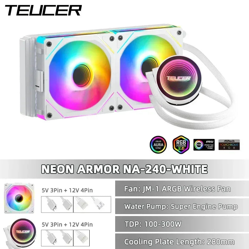 White AIO liquid CPU cooler with two ARGB radiator fans and RGB pump