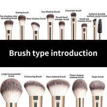 Makeup brush set display with labeled brush shapes and sizes, brown handles and bristles