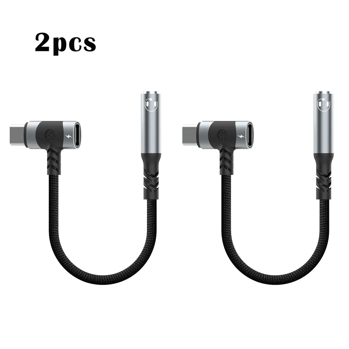 2-pack USB-C to 3.5mm audio adapters with braided cables, black and silver connectors