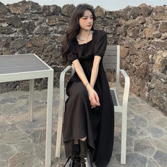فستان نسائي صيفي من Faion بياقة مربعة من Sweet Retro Dr Tea Break First Love Long Bla Dr Waist Cinched