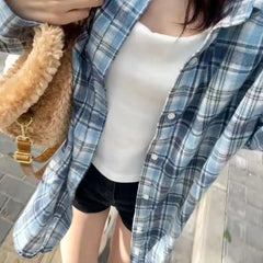 2024 New Blue Plaid irt Jaet Women's Loose Casual Meat Covering Middle Length irt Outerwear Trendy Forest System
