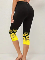 Plus Size 1XL-8XL Women’s Sunflower Print Leggings Fashionable Cut Out Comfortable Finess Capri Curvy Ladies Perfect Casual Wear
