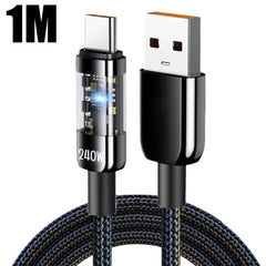 240W 10A Quick Charging USB C Cable Nylon Braided Transparent Type C High-speed Charger Wire for Samsung Huawei Mi Data Line