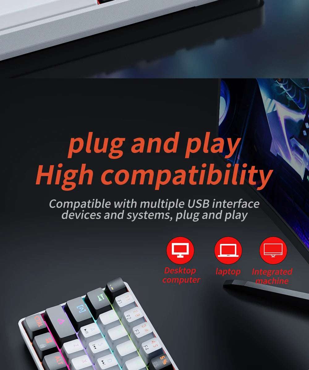 MUCAI MK61 RGB Backlit Gaming Mechanical Keyboard 61-Key Red Switch Wired Detachable Cable USB Interface Hot Swappable
