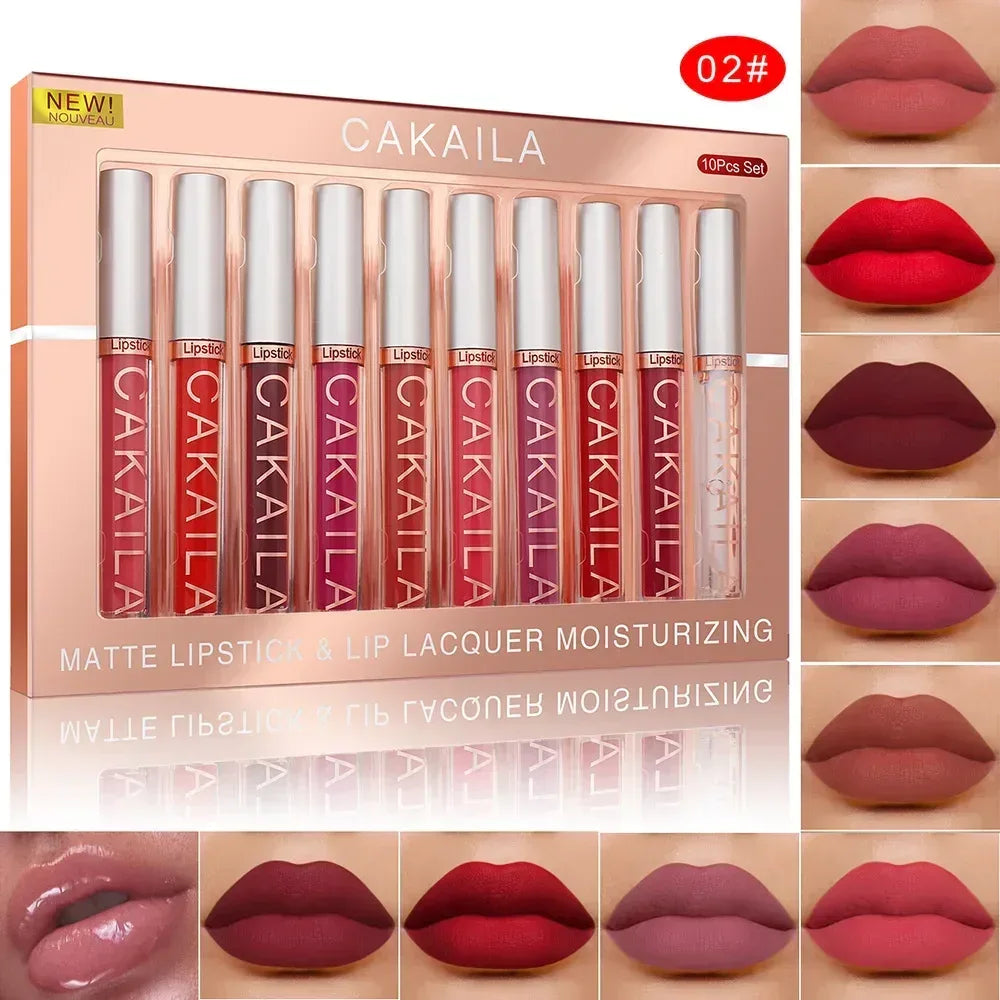 10-piece lip color set box with lip swatches, highlighting shade 02