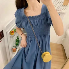 فستان نسائي صيفي من Faion بياقة مربعة من Sweet Retro Dr Tea Break First Love Long Bla Dr Waist Cinched