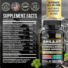 Shilajit 9000 Panax Ginseng South African Drunken Solanum, Rhodiola, Turmeric, Ginkgo, Urticata, Cordyceps, Mushroom