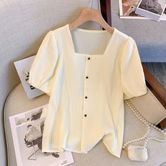Ele Bla Bubble Sve irt Women's Summer Thin Korean Sle Square Collar Doll irt ort Sve Lace Snowflake Design