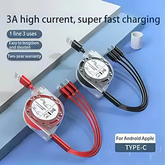 3-in-1 Telescopic USB Fast Charging Cable for iPhone 15/Samsung S23/Huawei, Type-C & Android Phone, 3A Nylon-Braided Durable Cha
