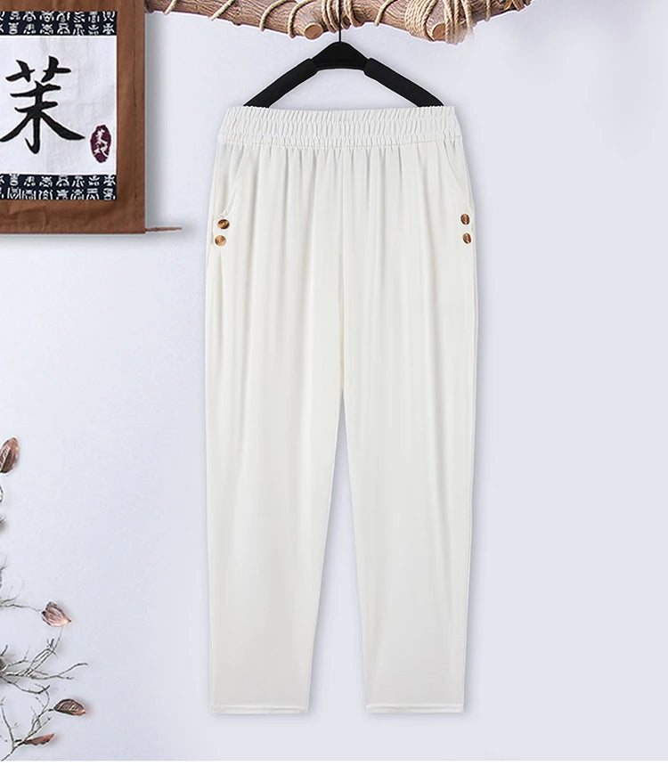 Summer plus size Stretch Harem Pants Mother Thin Summer Baggy Pantalones Women  Casual Button High Waist Trousers
