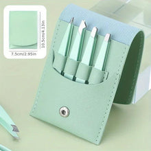 4-piece slanted-tip tweezer set in light green fabric holder with snap button and four slots