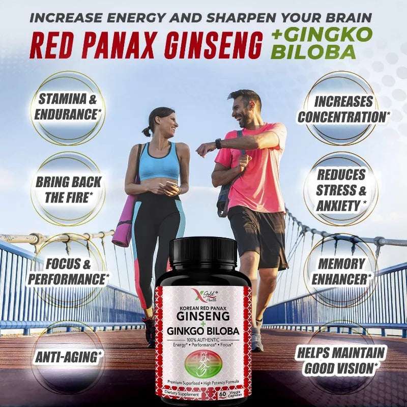 Korean Red Ginseng + Ginkgo Super Energy, Vegetarian Capsules for Energy, Performance and Focus for Men and Women