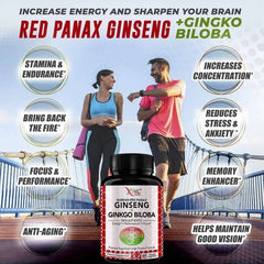 Korean Red Ginseng + Ginkgo Super Energy, Vegetarian Capsules for Energy, Performance and Focus for Men and Women