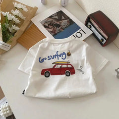 Child Short Sleeve Bottoming Shirt Cartoon Car Print Tops Solid Color Fashion Casual Wear 0-6Age Boys Summer Trendy Clothing
