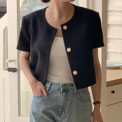 Chic Korean Sle round Ne Metal Single Button Loose ort Sve Outerwear for Women Summer Faion Commute Pure Color