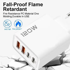 120W 4 Port USB Type C Charger Fast Charging Data Cable USB Phone Charger Adapter for Samsung IPhone Xiaomi Huawei Wall Charger