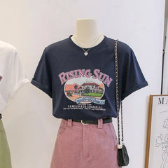 Anti-Aging Cartoon Print ort Sve Women's T-irt Loose Fit Summer Casual round Ne oulder Appropriate Outerwear