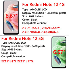 6.67" AMOLED for Xiaomi Redmi Note 12 4G LCD Display Touch Screen Digitizer For Redmi Note 12 5G LCD Display Screen Replacement