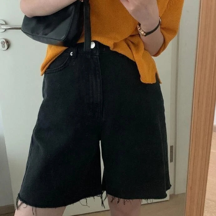 Retro Waed High Waist Loose Wide Leg Jeans orts Distred Straight Cut Blue Denim  Skirt for Young Women Summer Wear