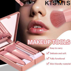 5Pcs Portable Makeup Brush Set with Mirror Box Eyeshadow Blush Brush Travel Cosmetic Brushes