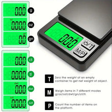 Digital pocket scale shown at close range with green LCD and units icons