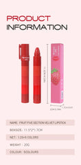 5-in-1 Fruit Velvet Matte Lipstick Set, Long-Lasting, Highly Pigmented, Moisturizing Lip Balm, Smooth Application for Soft lips