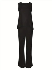 طقم ملابس كاجوال نسائي مقاس كبير 1XL-5XL مكون من قطعتين، بلوزة بدون أكمام بياقة دائرية وبنطلون واسع الساق، طقم من قطعتين