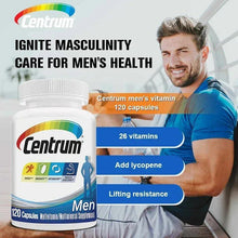 Centrum Men multivitamin bottle with 120 capsules and men’s health callouts